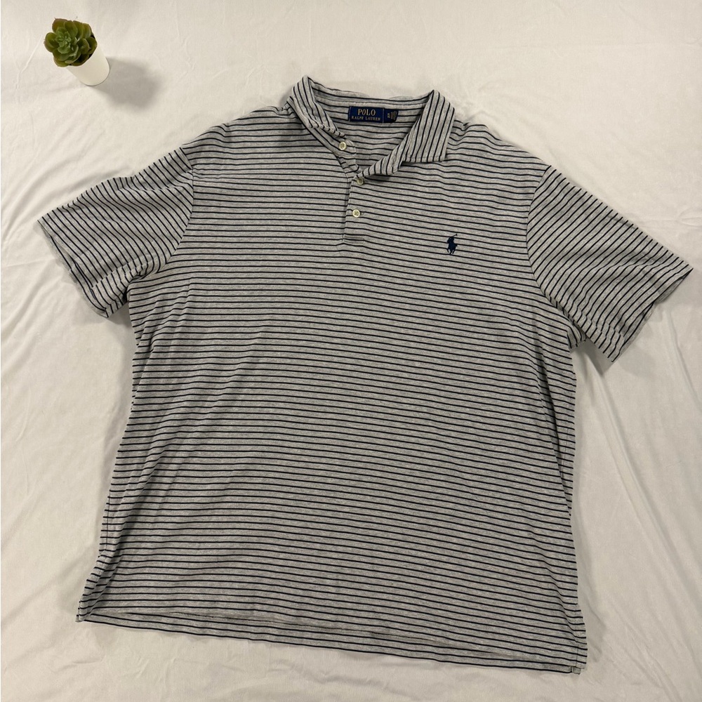 Polo Ralph Lauren Mens Soft Cotton Polo Shirt Gray / Navy Stripes XL